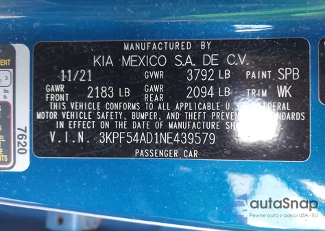 2022 Kia Forte Gt-Line from USA, damaged, VIN 3KPF54AD1NE439579